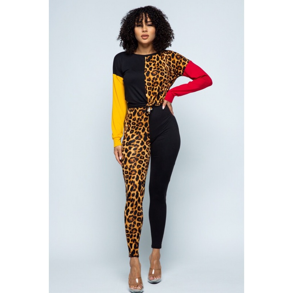Leopard Color Block Pants Set